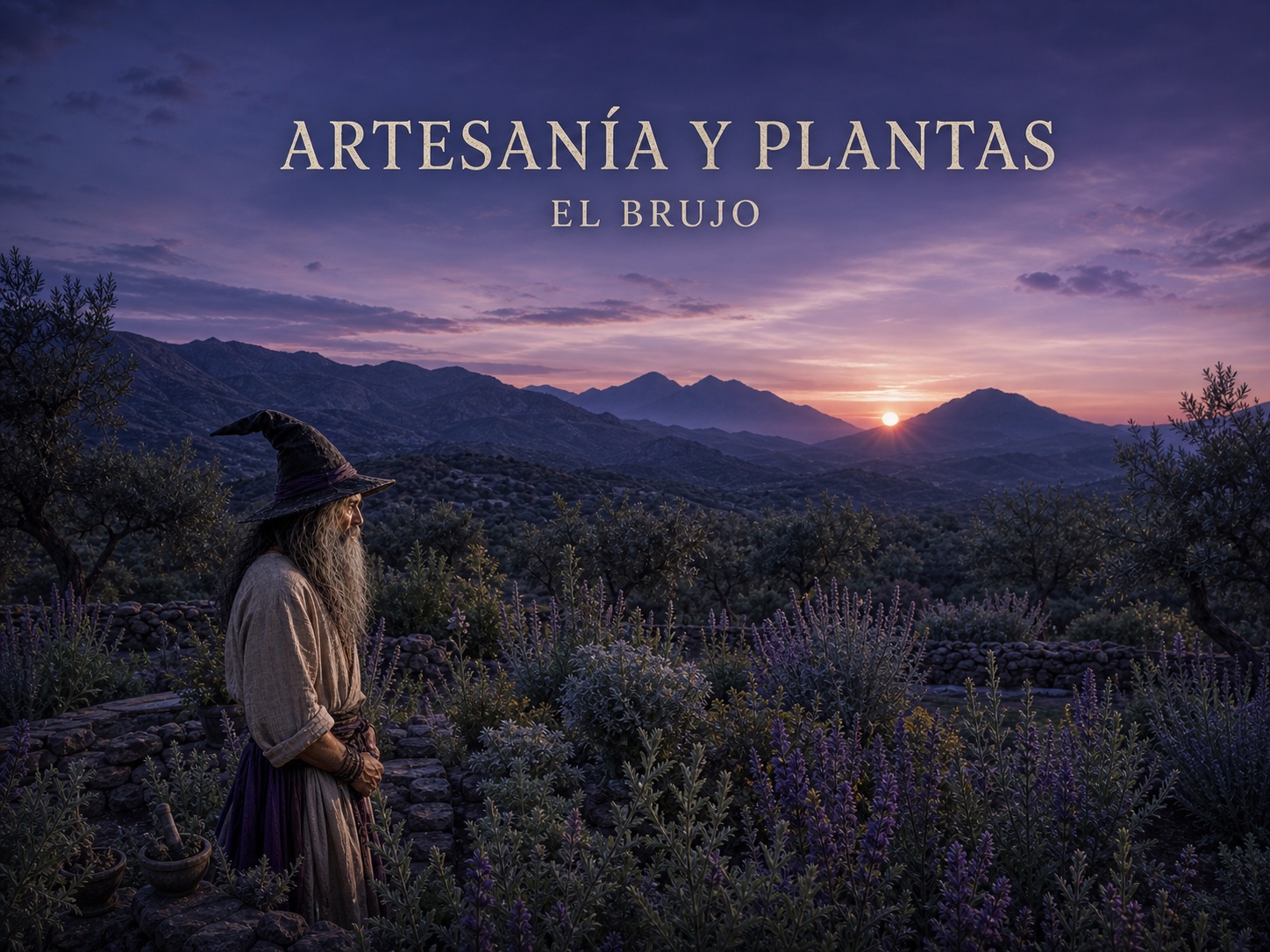 El Brujo, entre lavanda, contemplando un olivar en la sierra de Huelma al atardecer